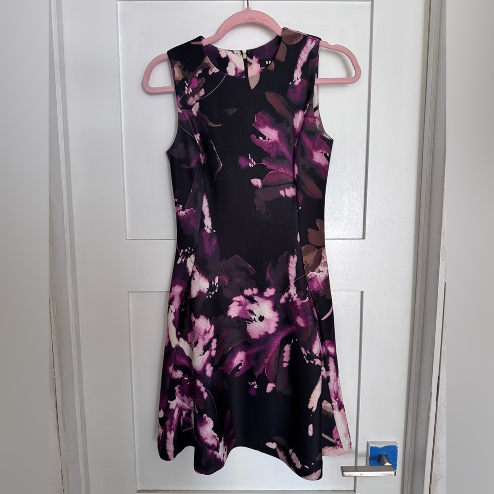 DKNY Black Floral Midi Dress with Pink and Purple Prints